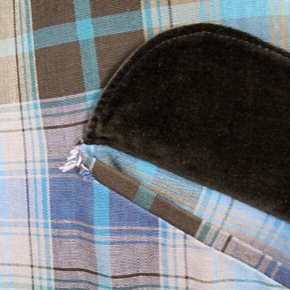 Vtg 60s Blue Shadow Plaid Lightweight Long Coat Black Velvet Collar Union Made - Picture 8 of 15